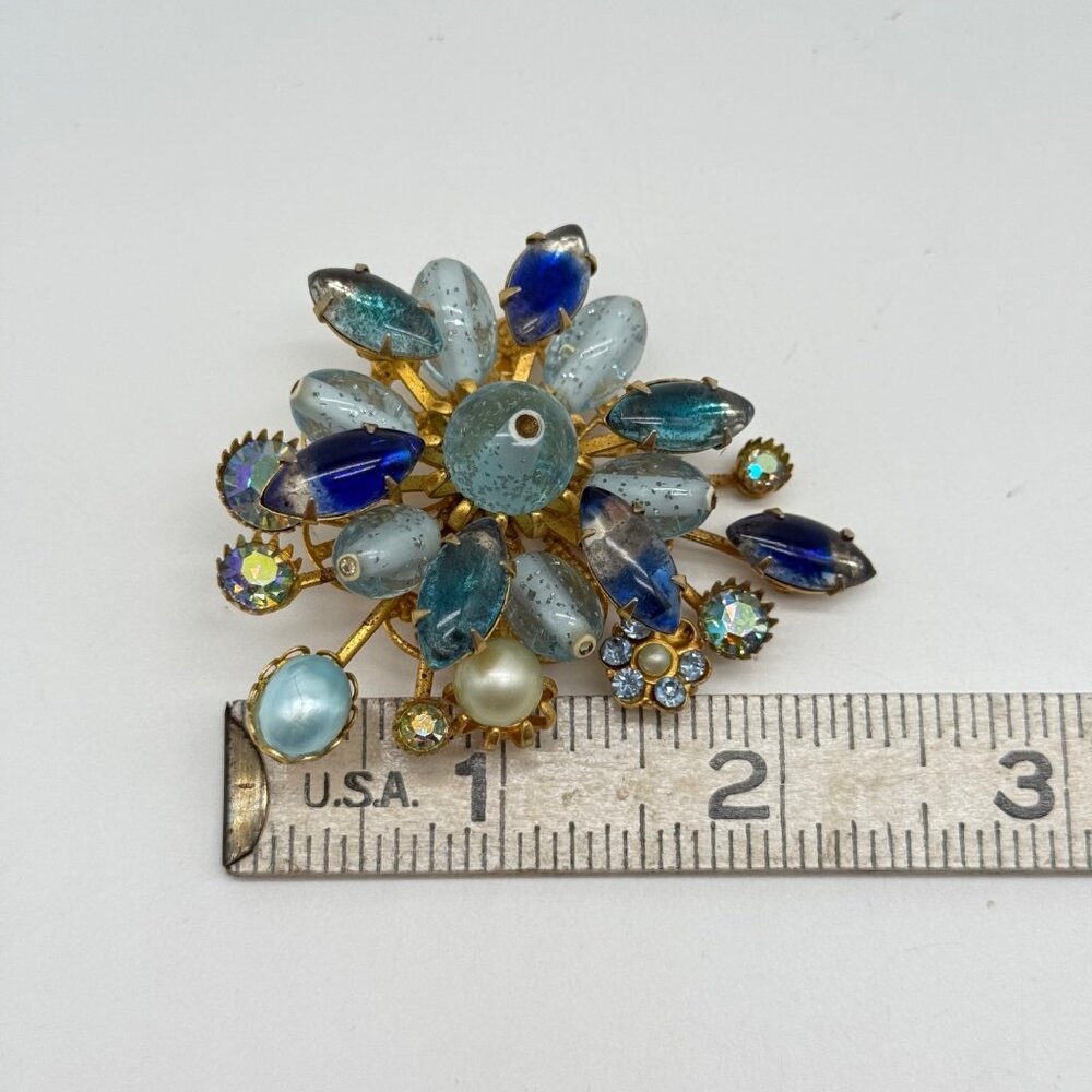 Vintage Judy Lee Art Glass Blue Spray Flower Brooch Pin READ - Picture 11 of 11